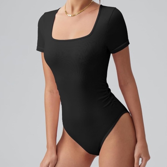 OQQ Women Bodysuits Ruched Short Sleeve Square Neck Stretch Bodysuits - Picture 5 of 7